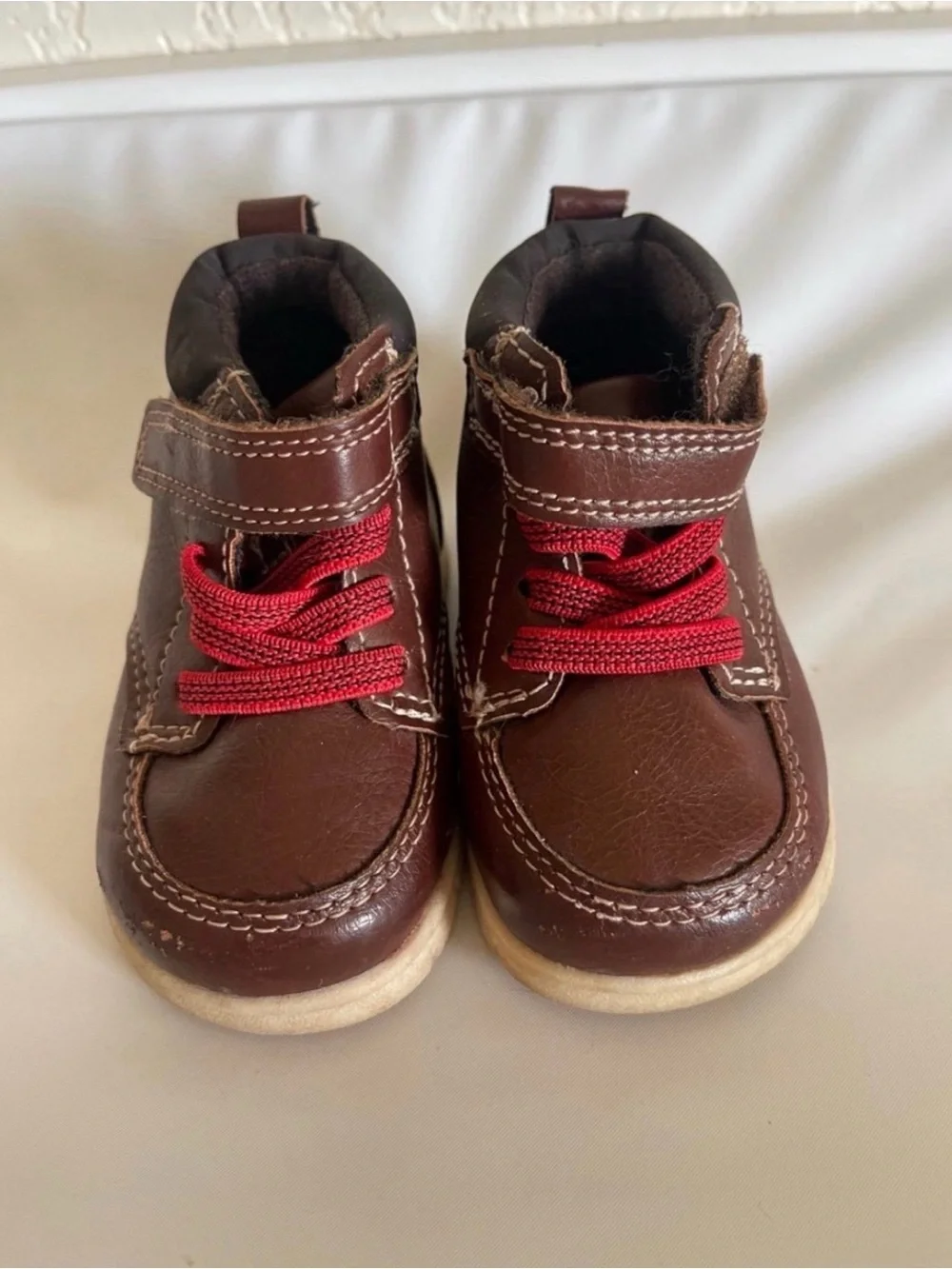 Toddler Brown Faux Leather Boots Size 3 Red Laces